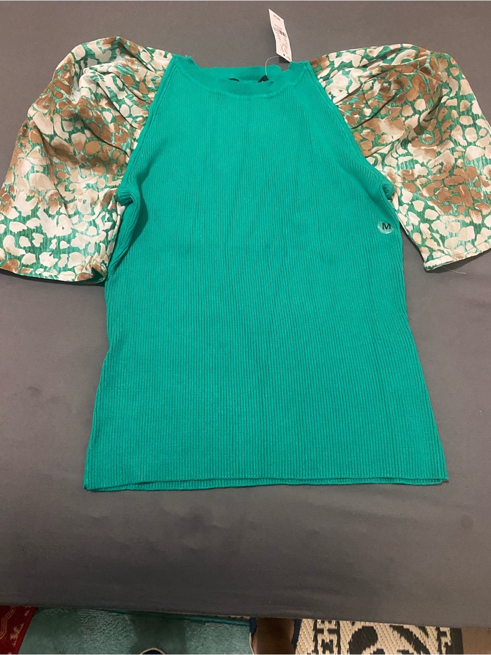 New York & Company Teal Ribbed Top with Metallic Gold-Pearl Puff Sleeves